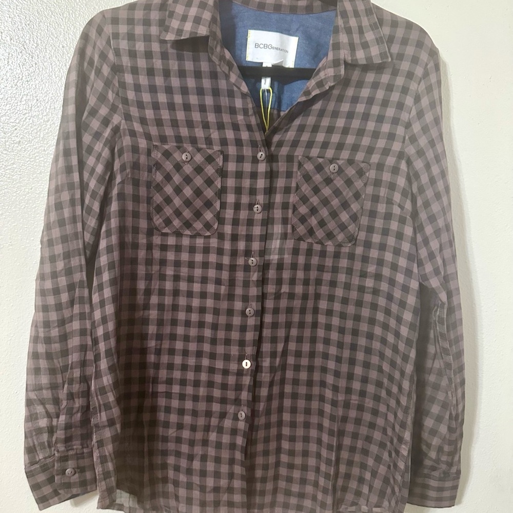 BCBGeneration Men's Black and Brown Plaid Button-Down Shirt